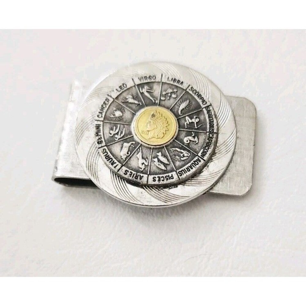 Vintage Zodiac Money Clip with Indian Head Insert 1.77"